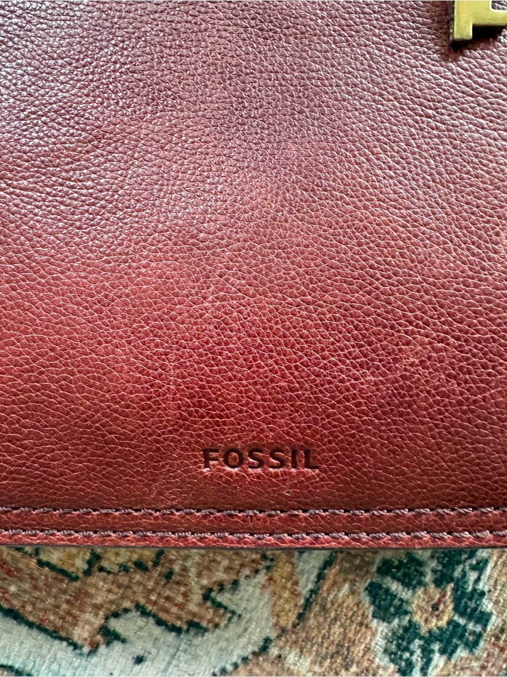 Fossil Genuine Leather Satchel | Burgundy Pebbled Leather | Brass key Charm - Picture 6 of 11